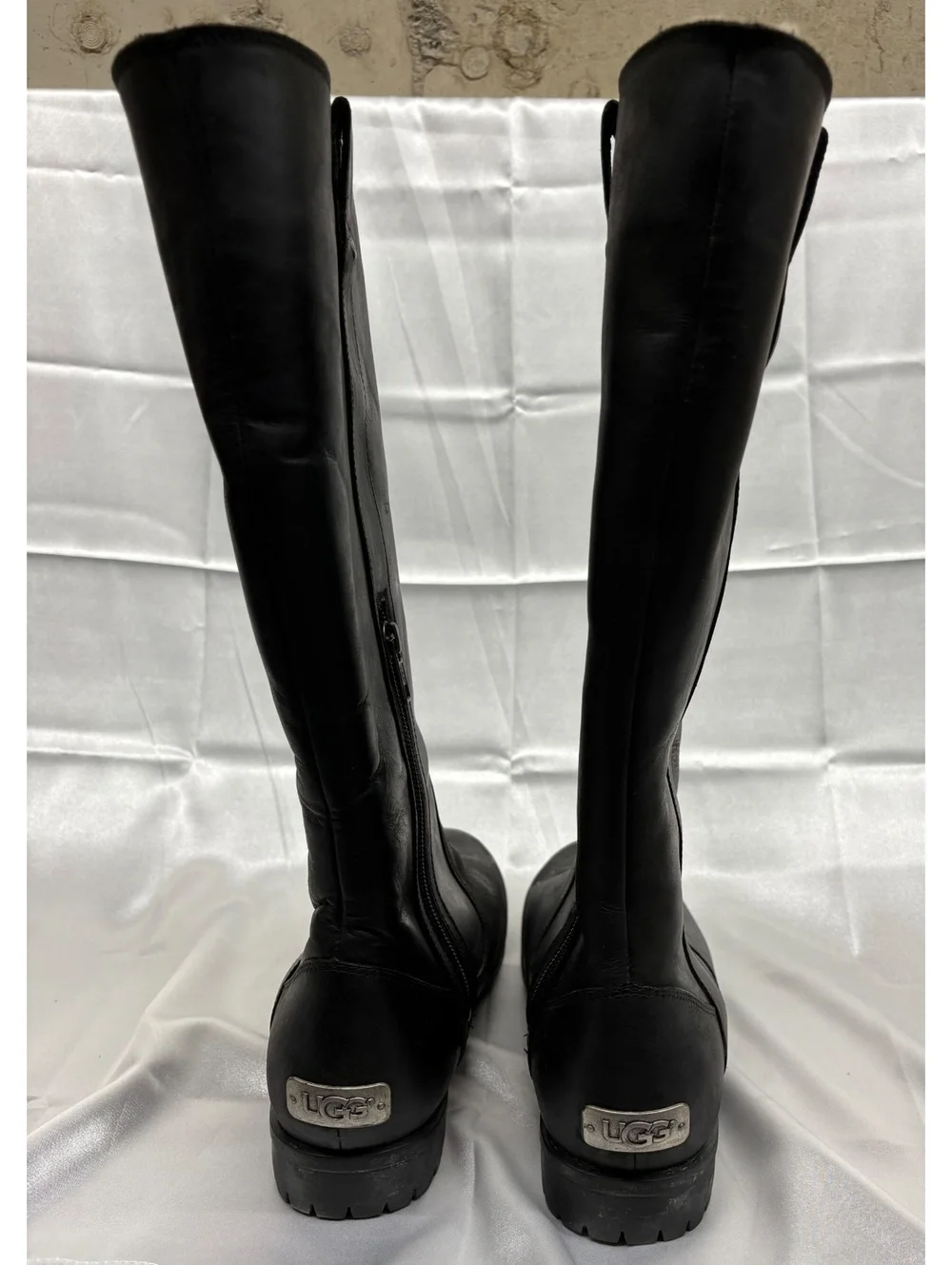 UGG Junipero Black Leather Riding Boots with Shearling Lining, Size 8 Women’s